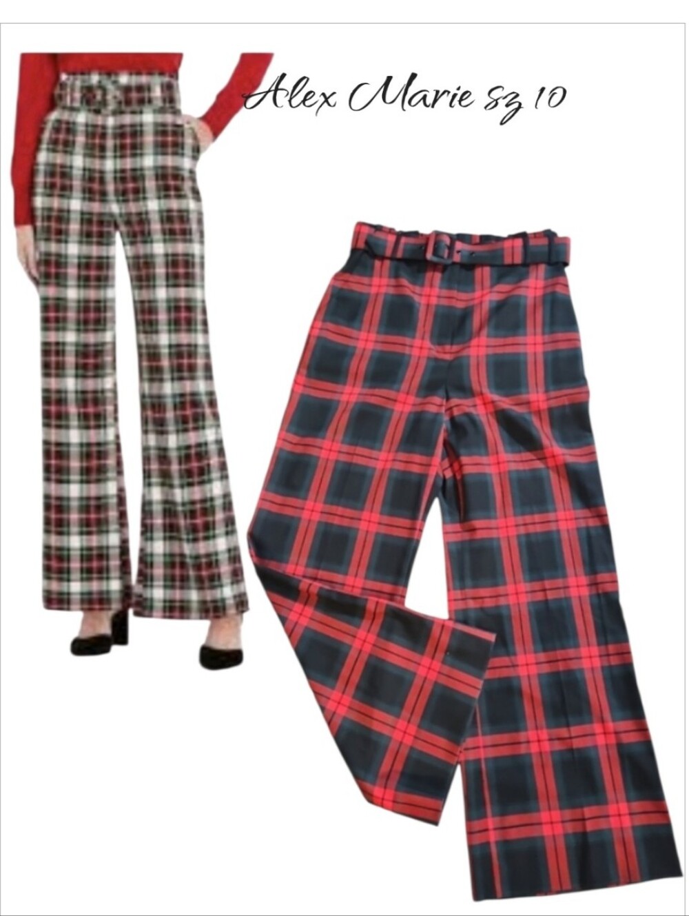 Alex Marie Red Black Tartan Plaid Wide Leg Belted Dress Pants Trousers Sz 10